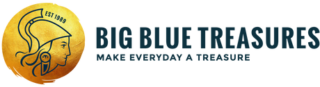 Big Blue Treasures logo, ancient greek coin with Athena pictured. "Make everyday a treasure"