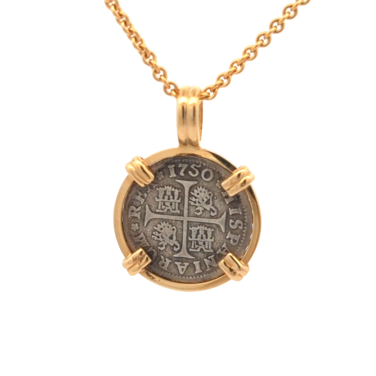 1750 Spanish Hand Milled Cross Coin Pendant Handcrafted 14K Gold