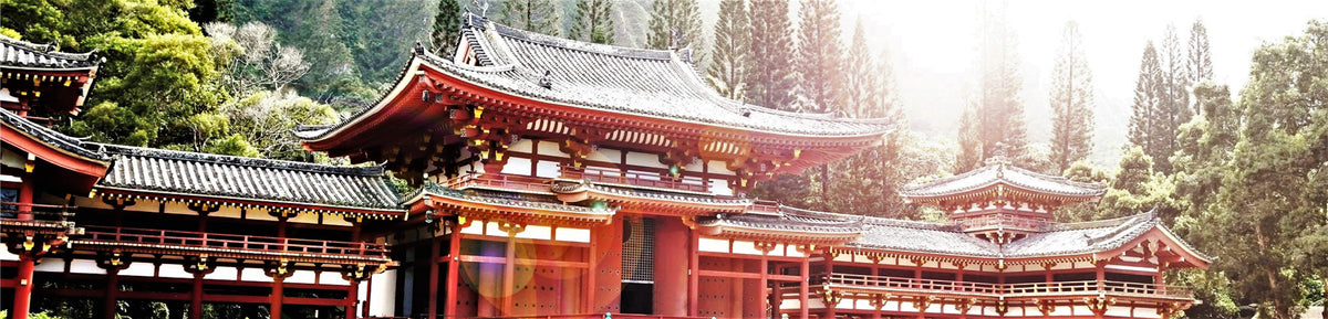 Picture of red ancient Japanese temple, with forest in background