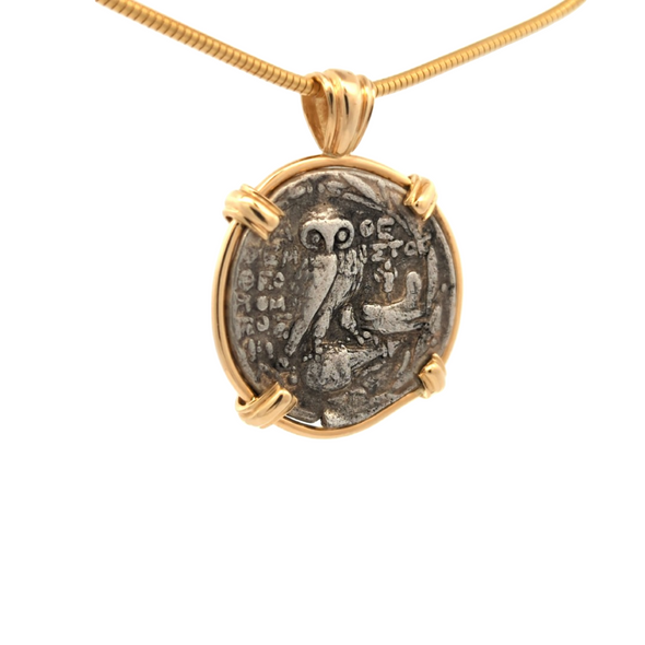 117-116 B.C.E. Ancient Greek Athenian Owl & Athena Coin Pendant | Handcrafted 14K Gold Setting