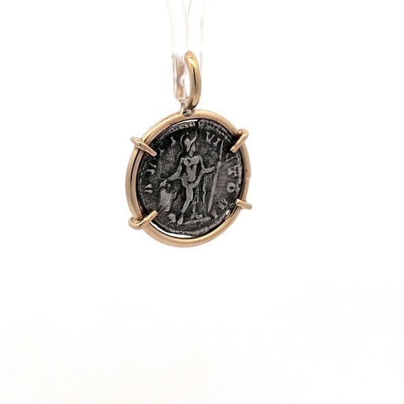 Roman Denarius with Emperor Septimius Severus/Mars, god of War (193-211 C.E.) | Silver coin pendant with solid 14K gold setting