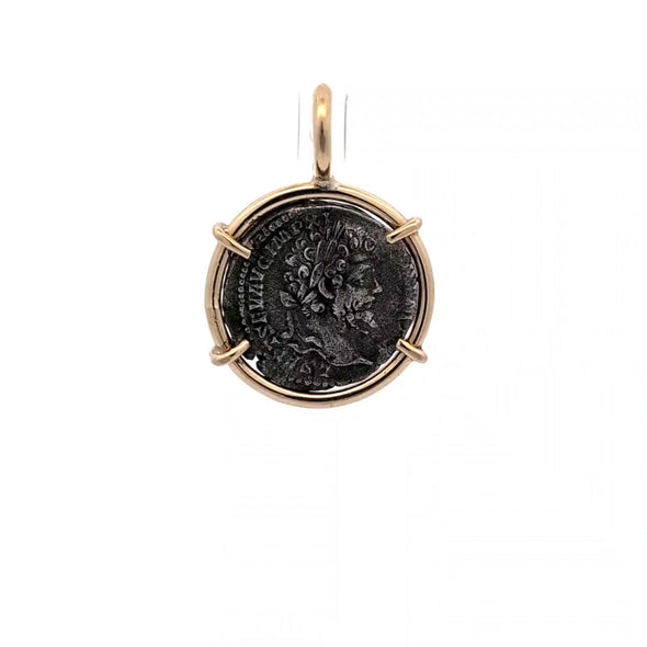 Roman Denarius with Emperor Septimius Severus/Mars, god of War (193-211 C.E.) | Silver coin pendant with solid 14K gold setting