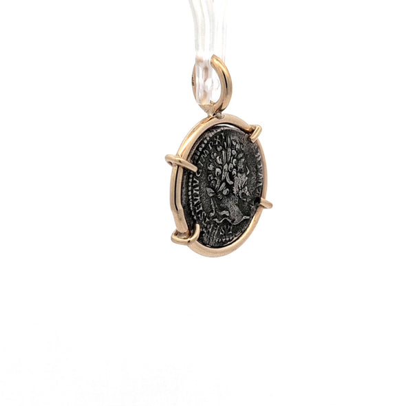 Roman Denarius with Emperor Septimius Severus/Mars, god of War (193-211 C.E.) | Silver coin pendant with solid 14K gold setting