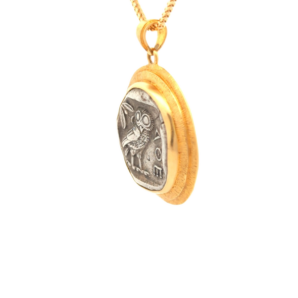 Ancient Greek Owl /Athena, goddess of Wisdom Silver Coin Pendant | Unique handcrafted setting with 18K gold