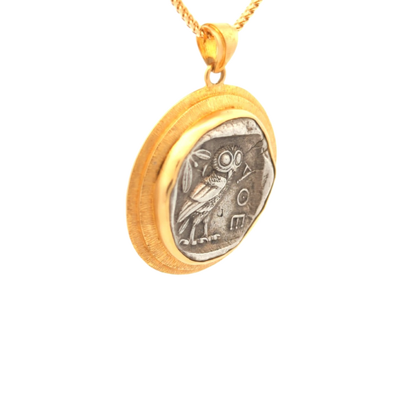 Ancient Greek Owl /Athena, goddess of Wisdom Silver Coin Pendant | Unique handcrafted setting with 18K gold