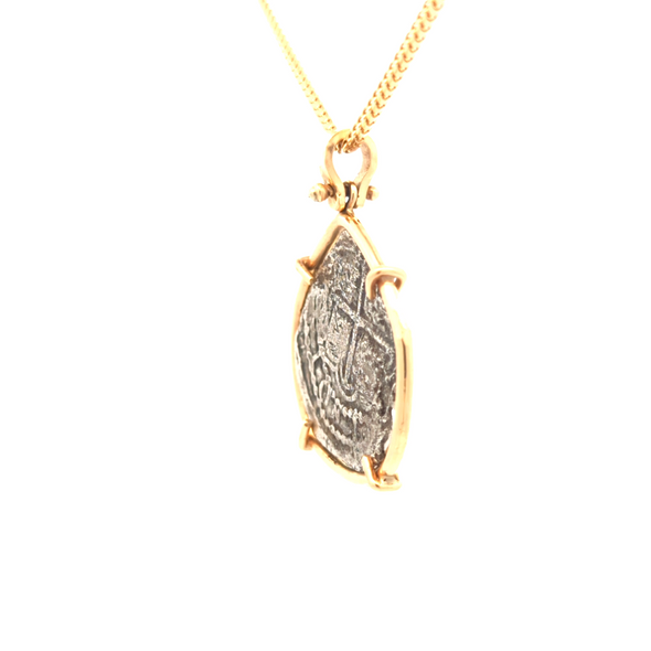 Atocha Treasure Silver Piece of 8 Recovered from the Florida Keys| Pendant is enhanced by a solid 14K gold setting