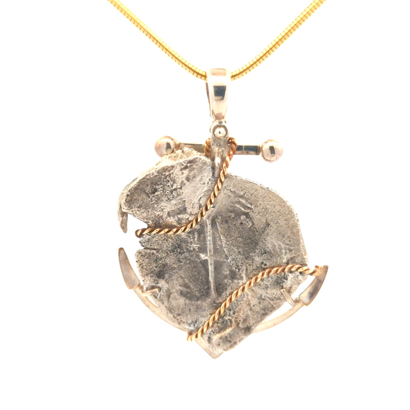 c. 1629 Spice Islands Shipwreck Spanish Coin Pendant | Handcrafted Sterling Silver with 14K Gold Accent Anchor Setting