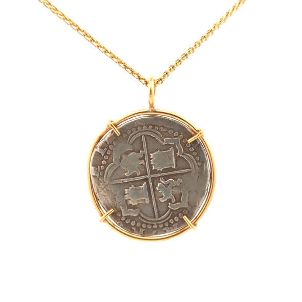 Spanish Colonial Silver Coin Minted in the New World (1621-1655) | Pendant set in solid 14K gold