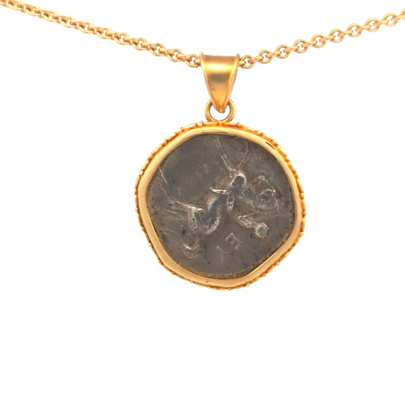 c. 272-235 B.C.E. Ancient Greek Taras & Dolphin Coin Pendant | Handcrafted 18K Gold Setting