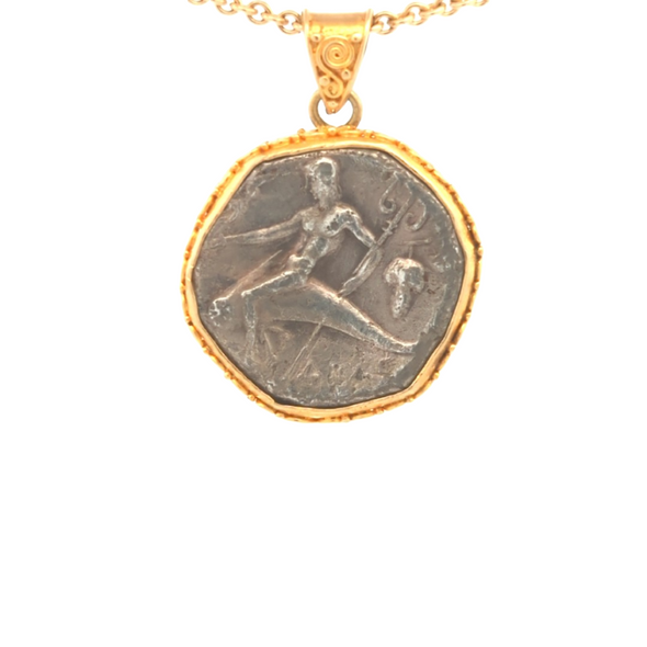 c. 272-235 B.C.E. Ancient Greek Taras & Dolphin Coin Pendant | Handcrafted 18K Gold Setting