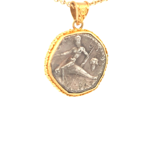 c. 272-235 B.C.E. Ancient Greek Taras & Dolphin Coin Pendant | Handcrafted 18K Gold Setting