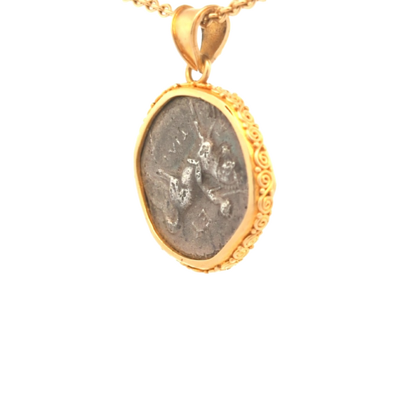 c. 272-235 B.C.E. Ancient Greek Taras & Dolphin Coin Pendant | Handcrafted 18K Gold Setting