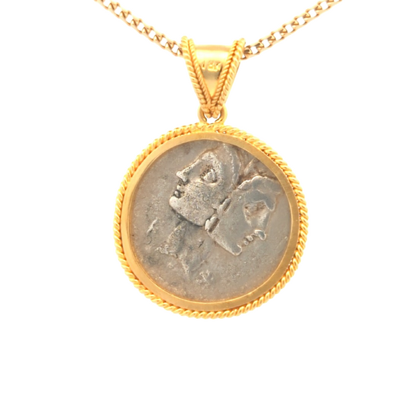 114-113 B.C.E. Ancient Roman Janus & Galley Coin Pendant | Handcrafted 18K Gold Setting