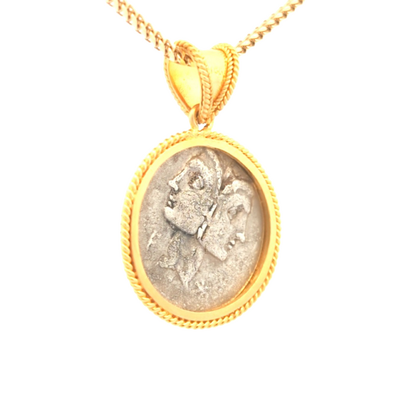 114-113 B.C.E. Ancient Roman Janus & Galley Coin Pendant | Handcrafted 18K Gold Setting