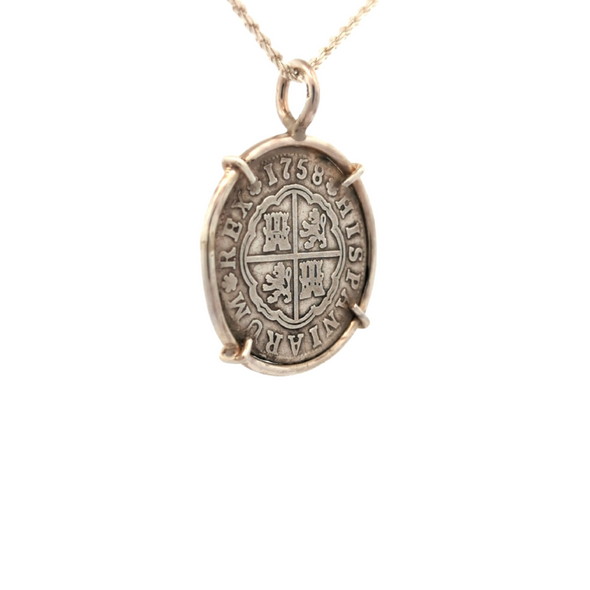 1758 Spanish Hand Milled Coin Pendant | Handcrafted Sterling Silver Setting