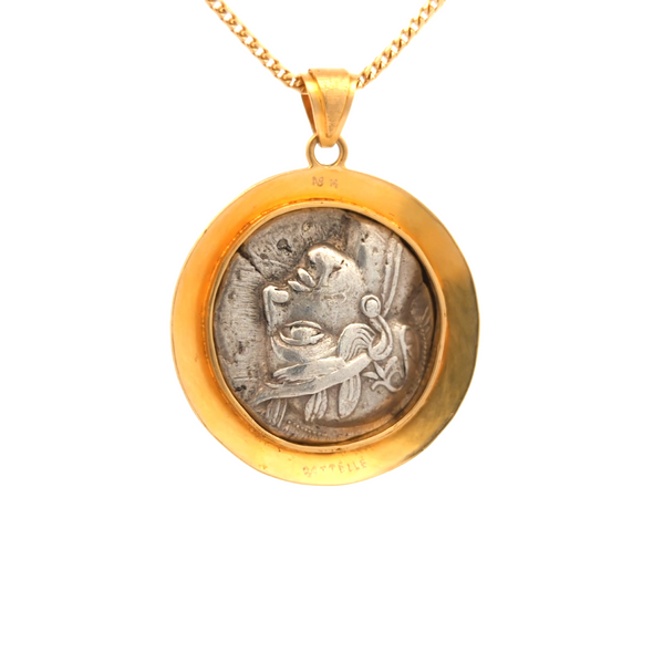 Ancient Greek Owl /Athena, goddess of Wisdom Silver Coin Pendant | Unique handcrafted setting with 18K gold