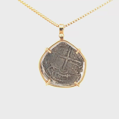 Atocha Treasure Silver Piece of 8 Recovered from the Florida Keys| Pendant is enhanced by a solid 14K gold setting