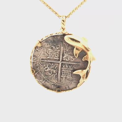 1585 Santiago Shipwreck Spanish Coin Pendant | Handcrafted 14K Gold Setting with Shark Accent