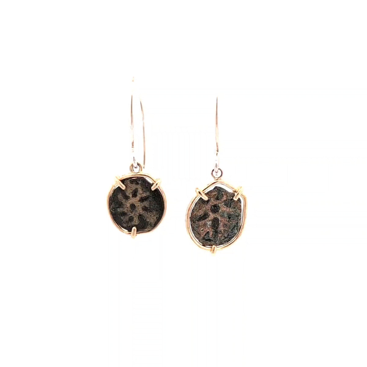 Rotating Bronze Widow’s Mite coin earrings set in 14K gold.