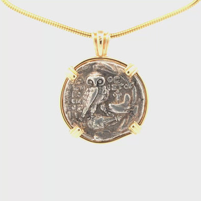 117-116 B.C.E. Ancient Greek Athenian Owl & Athena Coin Pendant | Handcrafted 14K Gold Setting