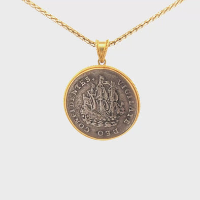 1736 Dutch Indiaman Ship Coin Pendant | Handcrafted 18K Gold Setting