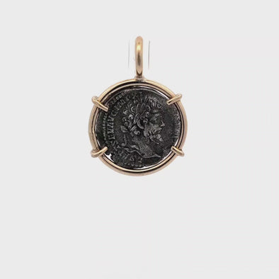 Roman Denarius with Emperor Septimius Severus/Mars, god of War (193-211 C.E.) | Silver coin pendant with solid 14K gold setting
