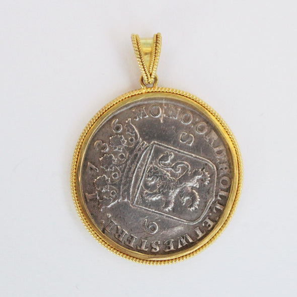 Dutch Silver 6 Stuivers Coin with Detailed Image of a Galleon | Pendant set in handcrafted 22K gold