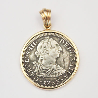 Spanish Silver Piece of 8 Recovered from the El Cazador Shipwreck 1784 | Coin necklace with 14K solid gold setting