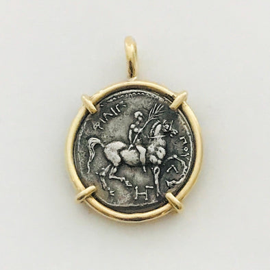 Philip of Macedon's (354-336 BCE) Famous Greek Rider on Horseback/Zeus Silver Coin|Set in 14K handcrafted setting