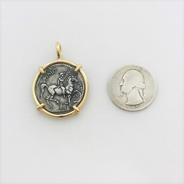 Philip of Macedon's (354-336 BCE) Famous Greek Rider on Horseback/Zeus Silver Coin|Set in 14K handcrafted setting