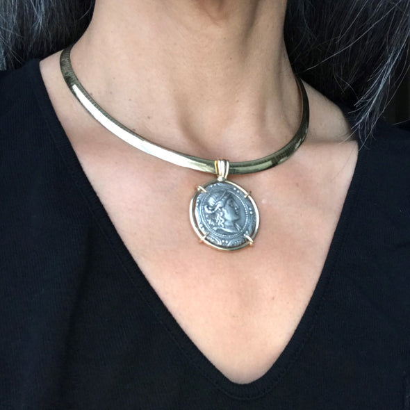 Artemis, Greek goddess of the Moon and Hunt and Club of Hercules on Ancient Silver Greek Coin | Handcrafted solid 14K gold setting