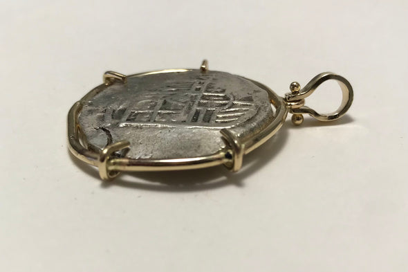 Shipwreck Spanish Silver Coin Pendant handcrafted in 14K gold. Sank in Grand Bahamas pre-1628.
