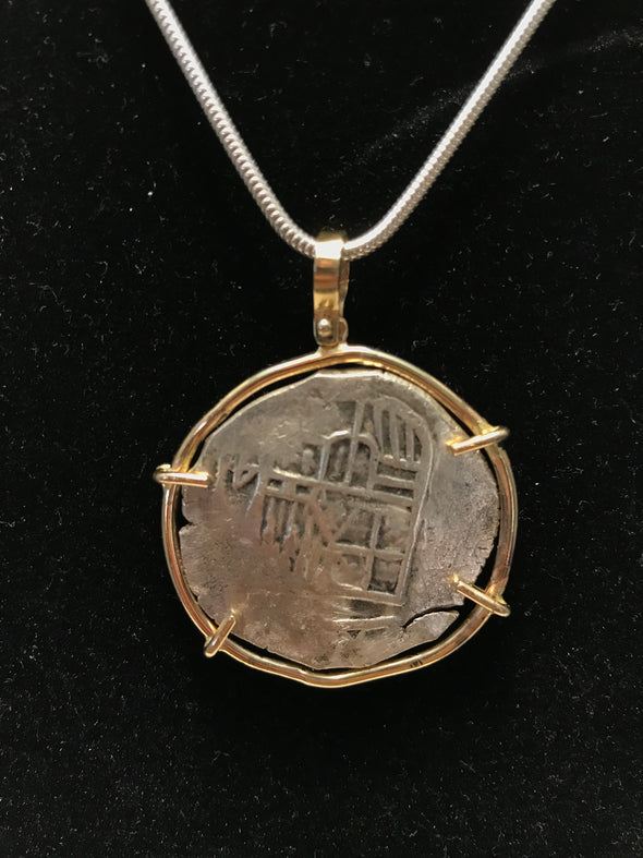 Shipwreck Spanish Silver Coin Pendant handcrafted in 14K gold. Sank in Grand Bahamas pre-1628.