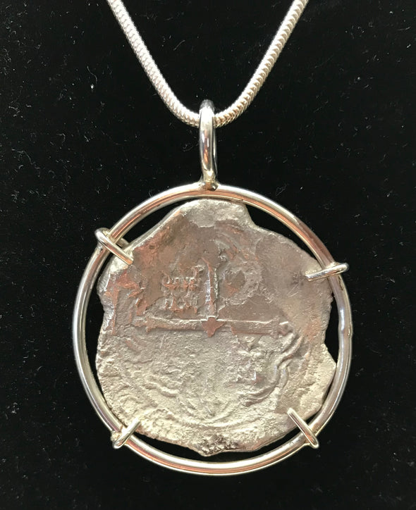 Silver Spanish Piece of 8 recovered from Spice Islands, c. 1625| Pendant custom set in sterling silver.