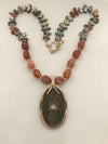 Japanese 100 mon pendant on hand strung natural stone necklace