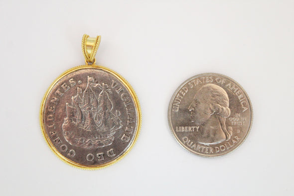 Dutch Silver 6 Stuivers Coin with Detailed Image of a Galleon | Pendant set in handcrafted 22K gold
