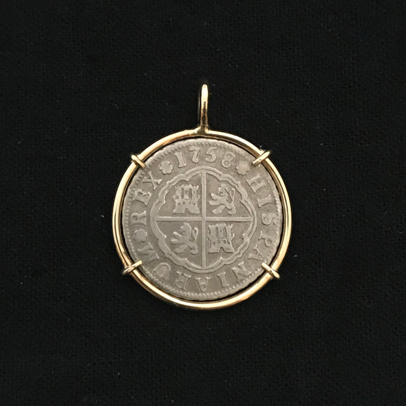 Silver Hand Struck Piece of 8 Minted in Seville in 1758 | Coin necklace custom set in 14K gold