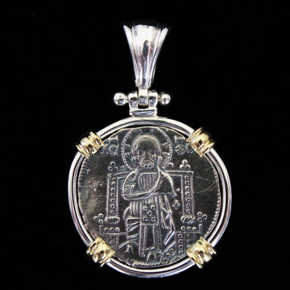 Silver Venetian Grosso with Image of Christ, 1312-1328 AD | Handcrafted setting in sterling silver with 18K gold accents